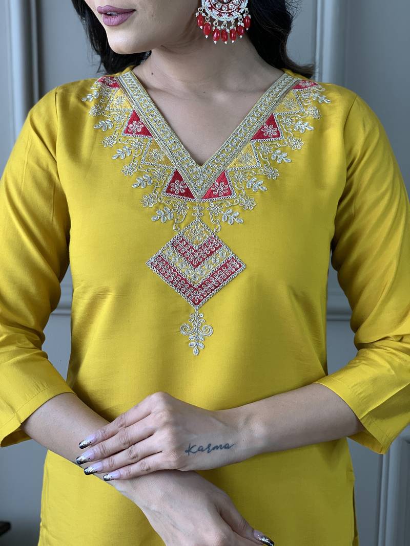 Mustard Embroidered Chanderi Fabric Straight Kurta, Pant and Dupatta Set