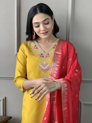 Mustard Embroidered Chanderi Straight Kurta Pant and Dupatta Set 5