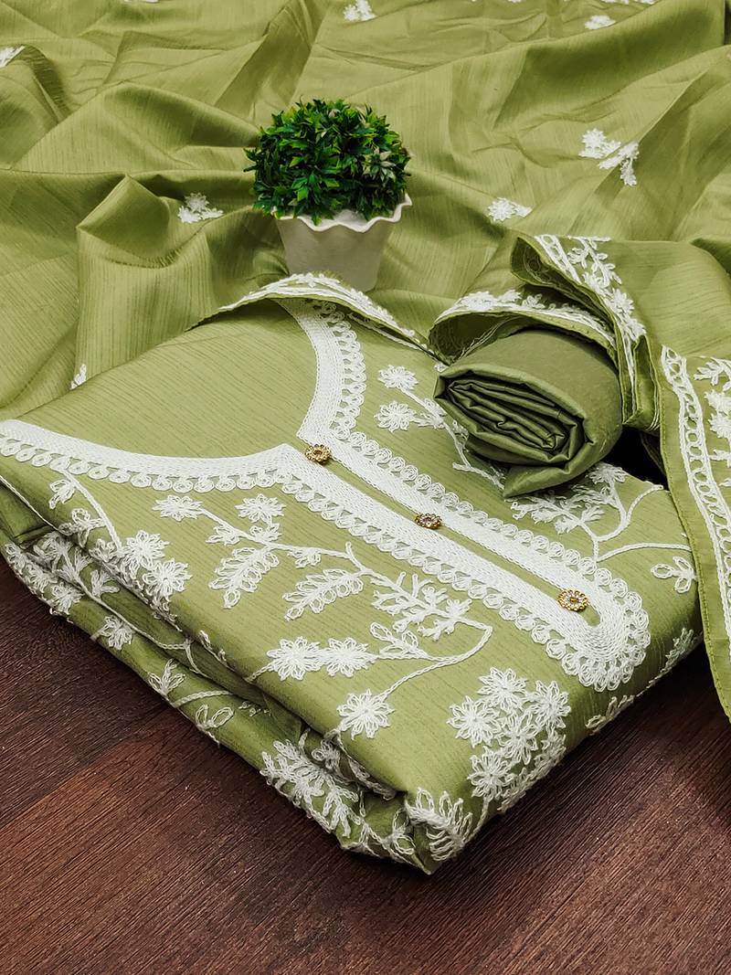 Heavy thread embroidery and hand work with deisngner thread work dupatta jalpari silk dress material