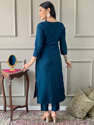 Petrol Embroidered Chanderi Fabric Straight Kurta, Pant and Dupatta Set 2