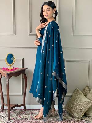 Petrol Embroidered Chanderi Fabric Straight Kurta, Pant and Dupatta Set 3