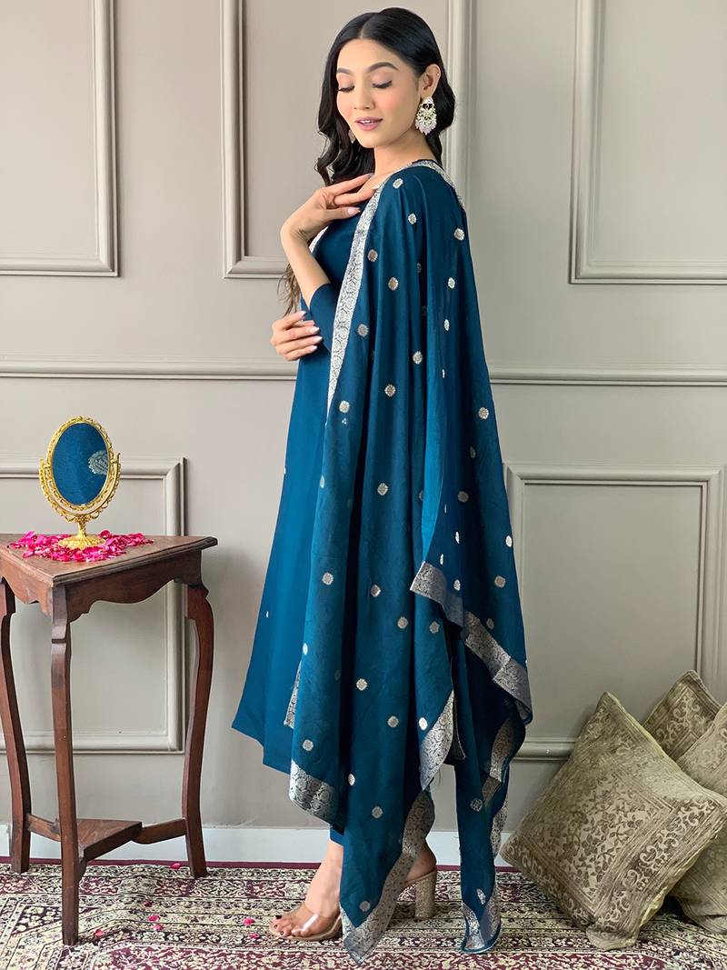 Petrol Embroidered Chanderi Fabric Straight Kurta, Pant and Dupatta Set