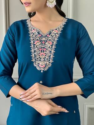 Petrol Embroidered Chanderi Fabric Straight Kurta, Pant and Dupatta Set 4