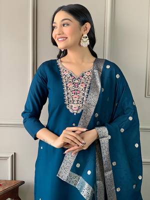 Petrol Embroidered Chanderi Fabric Straight Kurta, Pant and Dupatta Set 5