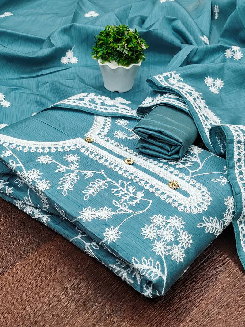 Heavy thread embroidery and hand work with deisngner thread work dupatta jalpari silk dress material