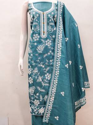 Heavy thread embroidery and hand work with deisngner thread work dupatta jalpari silk dress material 4