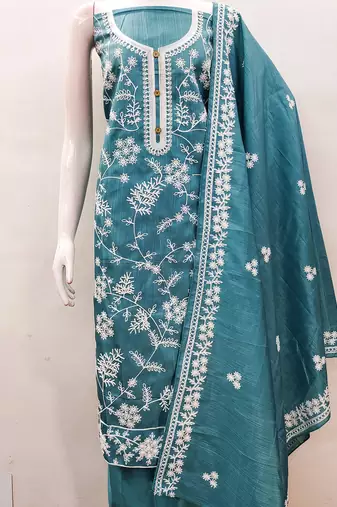Heavy thread embroidery and hand work with deisngner thread work dupatta jalpari silk dress material