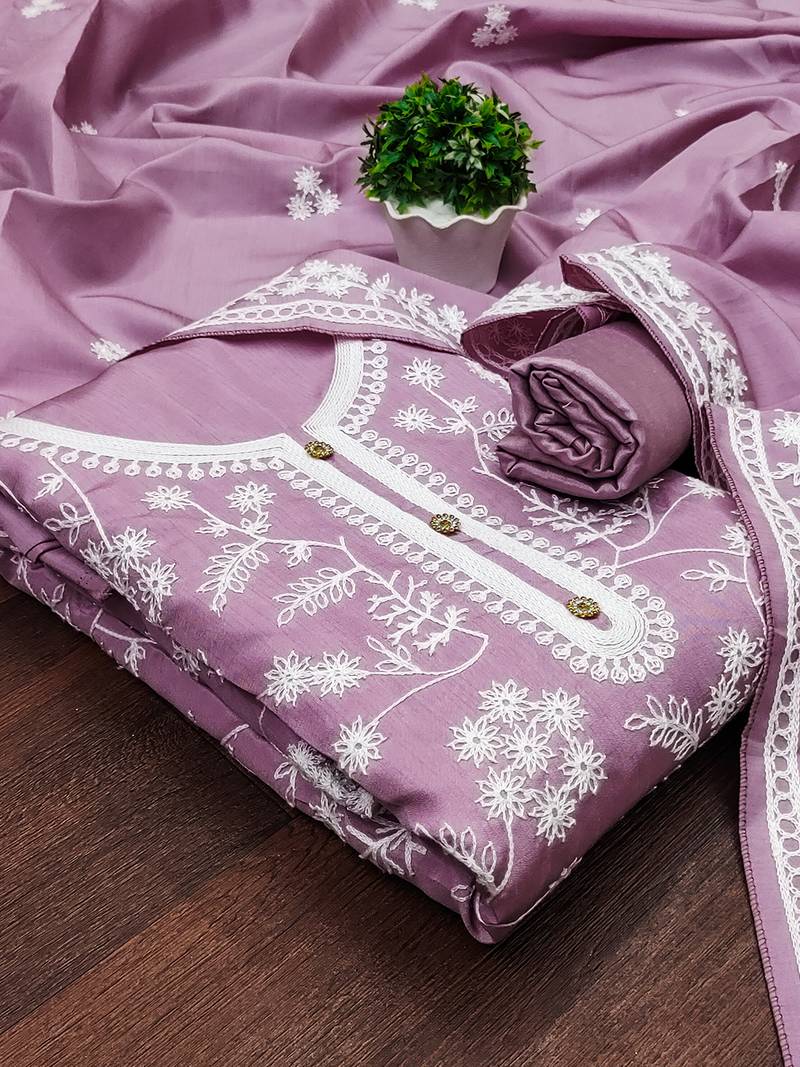 Heavy thread embroidery and hand work with deisngner thread work dupatta jalpari silk dress material