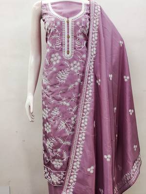 Heavy thread embroidery and hand work with deisngner thread work dupatta jalpari silk dress material 4