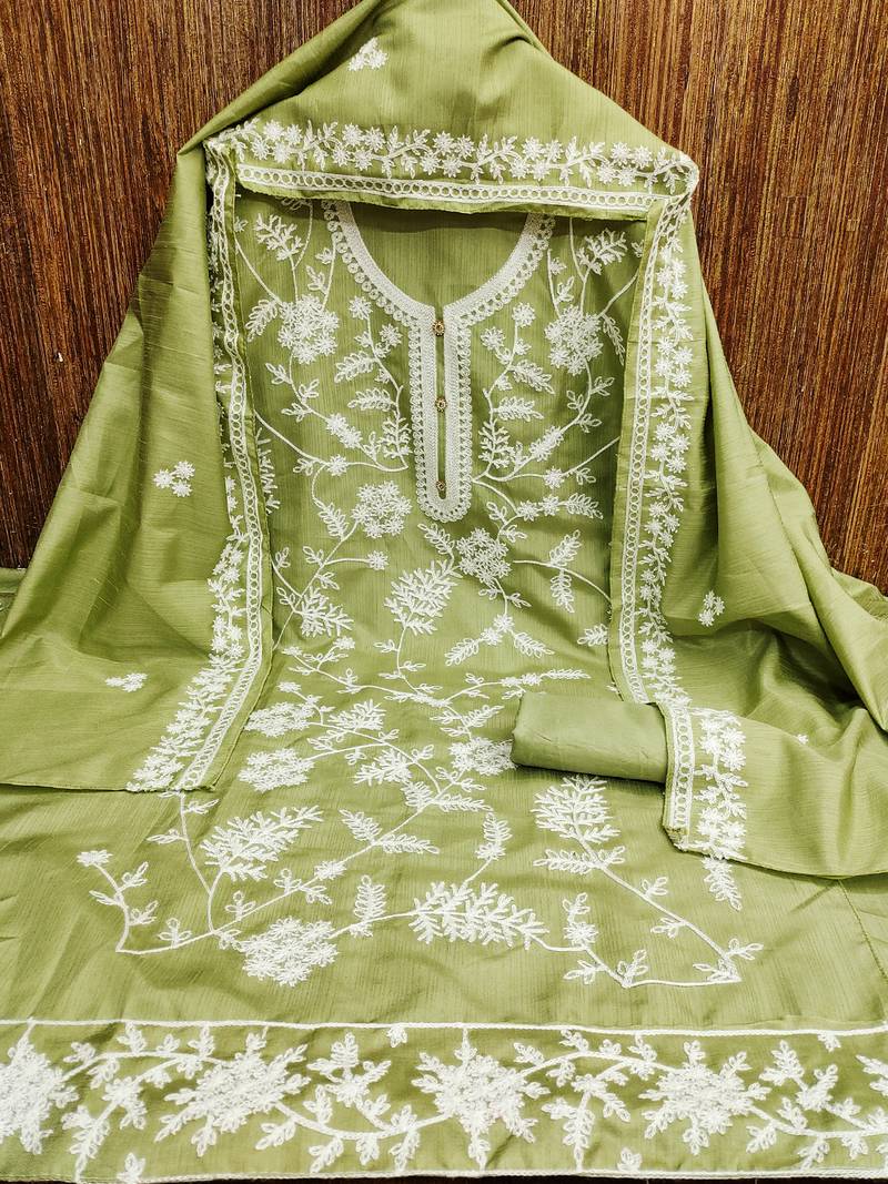 Heavy thread embroidery and hand work with deisngner thread work dupatta jalpari silk dress material