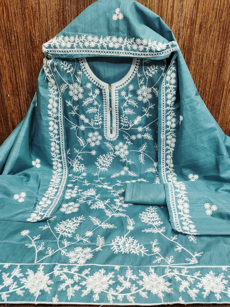 Heavy thread embroidery and hand work with deisngner thread work dupatta jalpari silk dress material