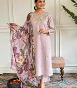 Beige Thread work Chanderi Fabric Straight Kurta, Pant and Dupatta Set