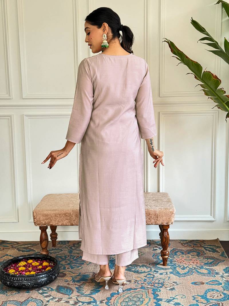 Beige Thread work Chanderi Fabric Straight Kurta, Pant and Dupatta Set