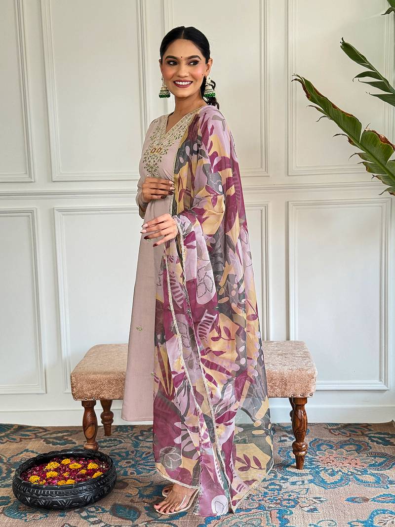 Beige Thread work Chanderi Fabric Straight Kurta, Pant and Dupatta Set