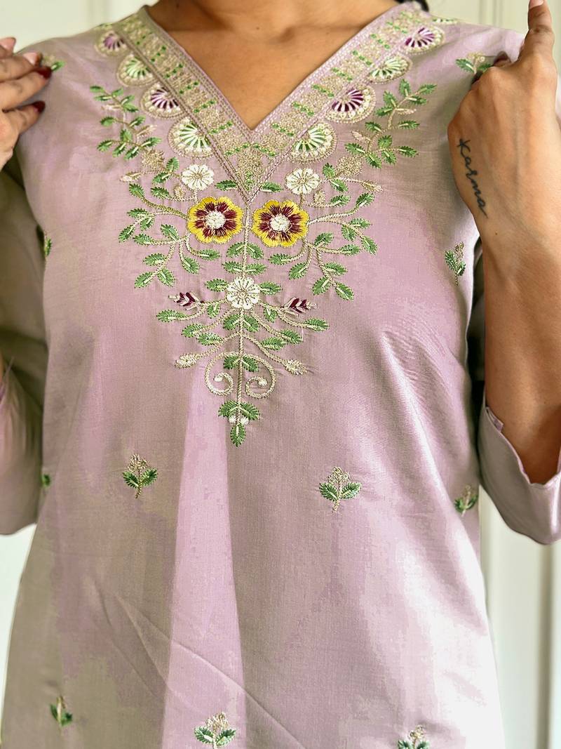 Beige Thread work Chanderi Fabric Straight Kurta, Pant and Dupatta Set