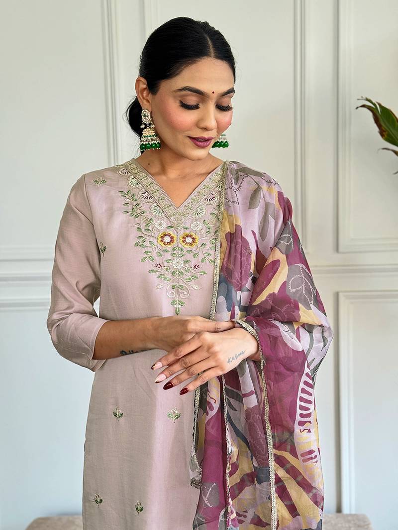 Beige Thread work Chanderi Fabric Straight Kurta, Pant and Dupatta Set