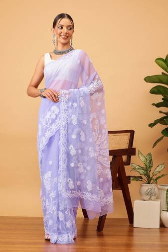 Hand embroidered mauve goergette lucknowi chikankari saree with blouse