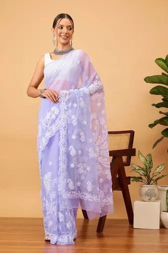 Hand embroidered mauve goergette lucknowi chikankari saree with blouse