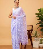 Hand embroidered mauve goergette lucknowi chikankari saree with blouse