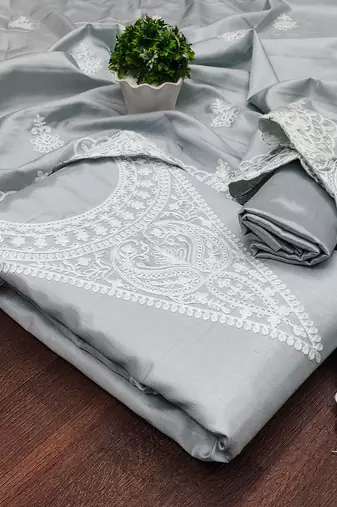embroidery work unstitched salwar suit dress material with chanderi work dupatta