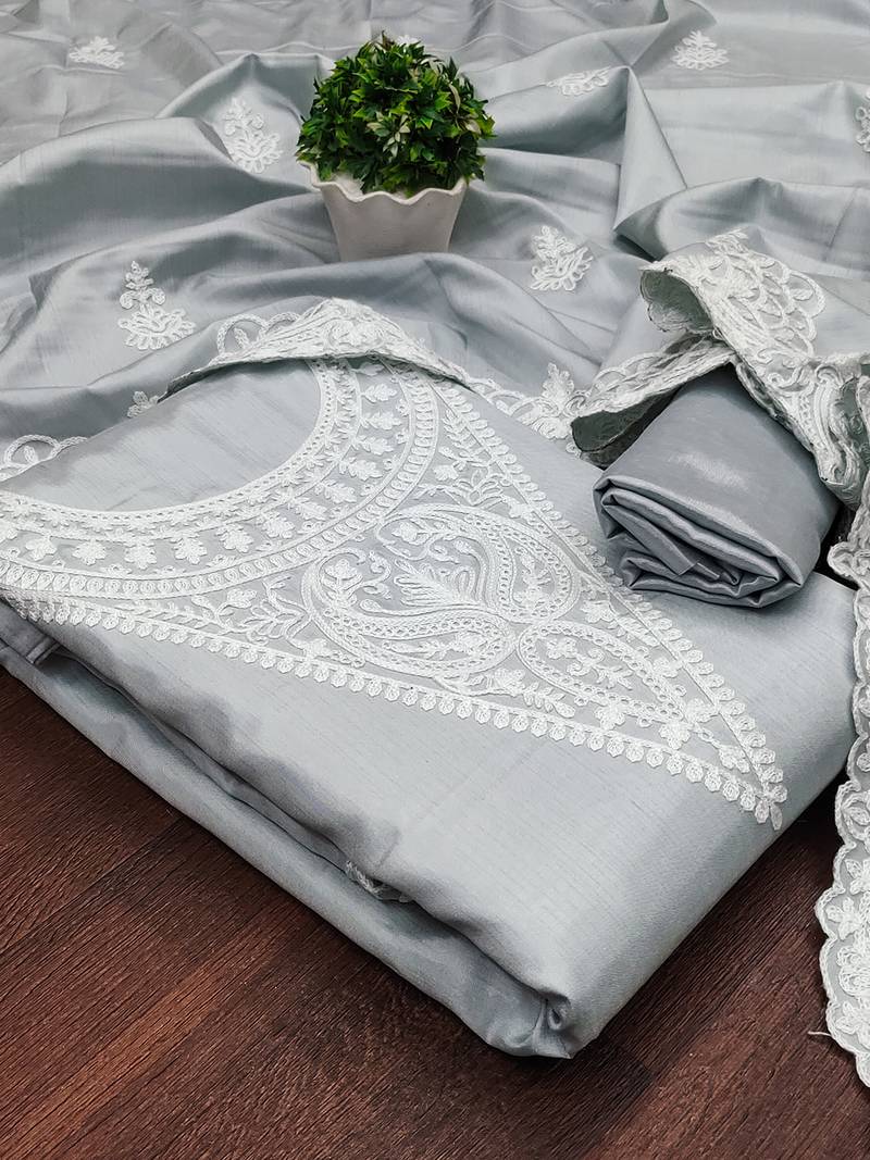 Leeza store embroidery work unstitched salwar suit dress material with chanderi work dupatta