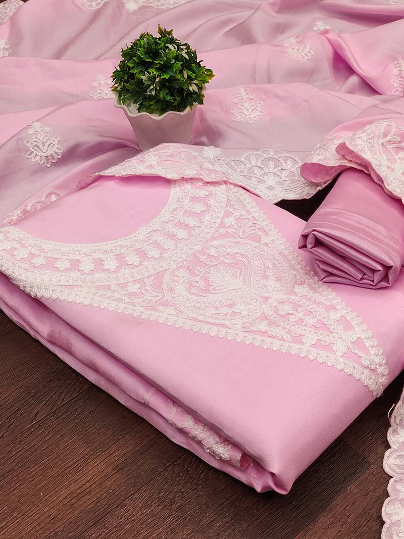 Leeza store embroidery work unstitched salwar suit dress material with chanderi work dupatta