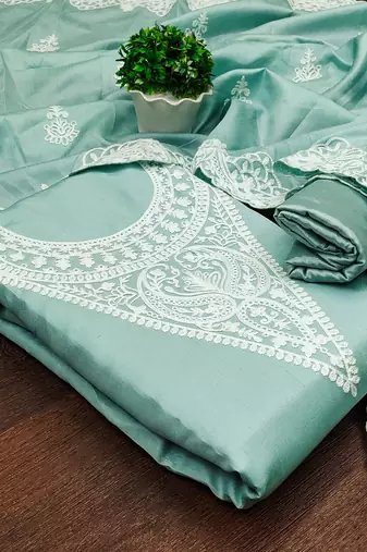 embroidery work unstitched salwar suit dress material with chanderi work dupatta