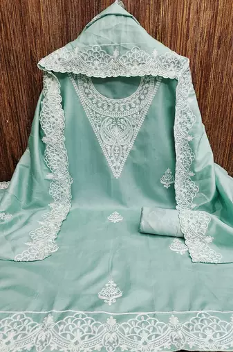 embroidery work unstitched salwar suit dress material with chanderi work dupatta