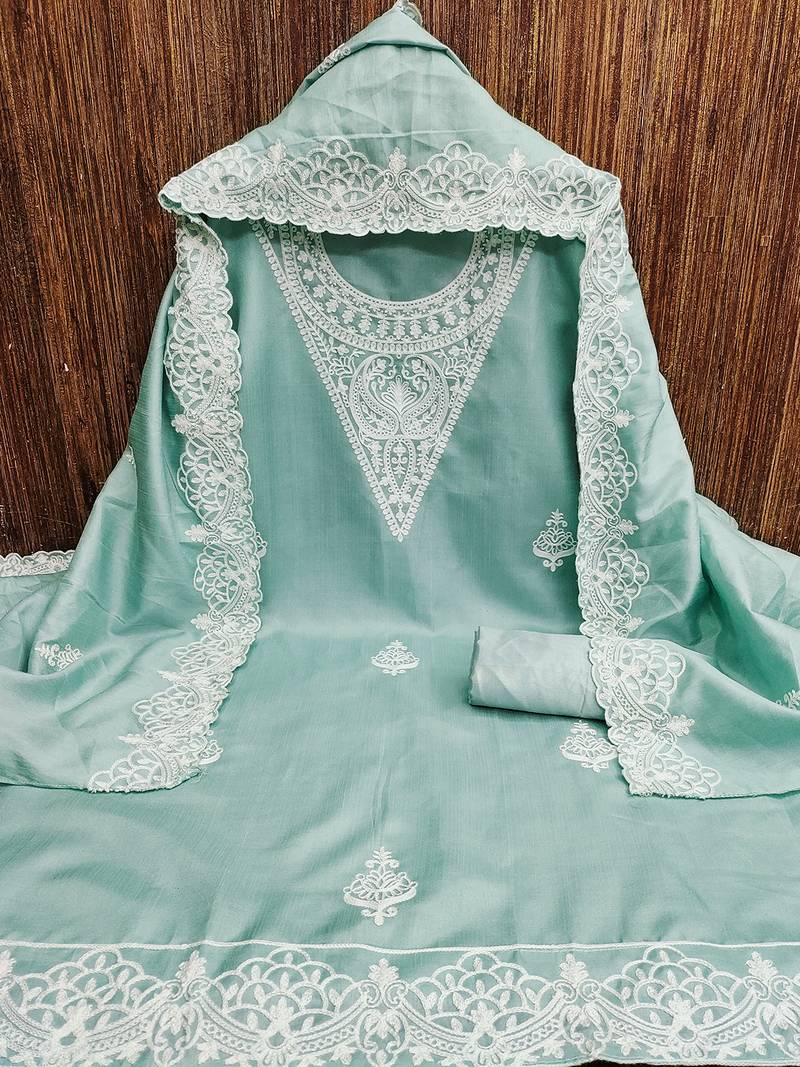 Leeza store embroidery work unstitched salwar suit dress material with chanderi work dupatta