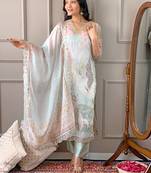 Pista Printed Organza Fabric Straight Kurta, Pant and Dupatta Set