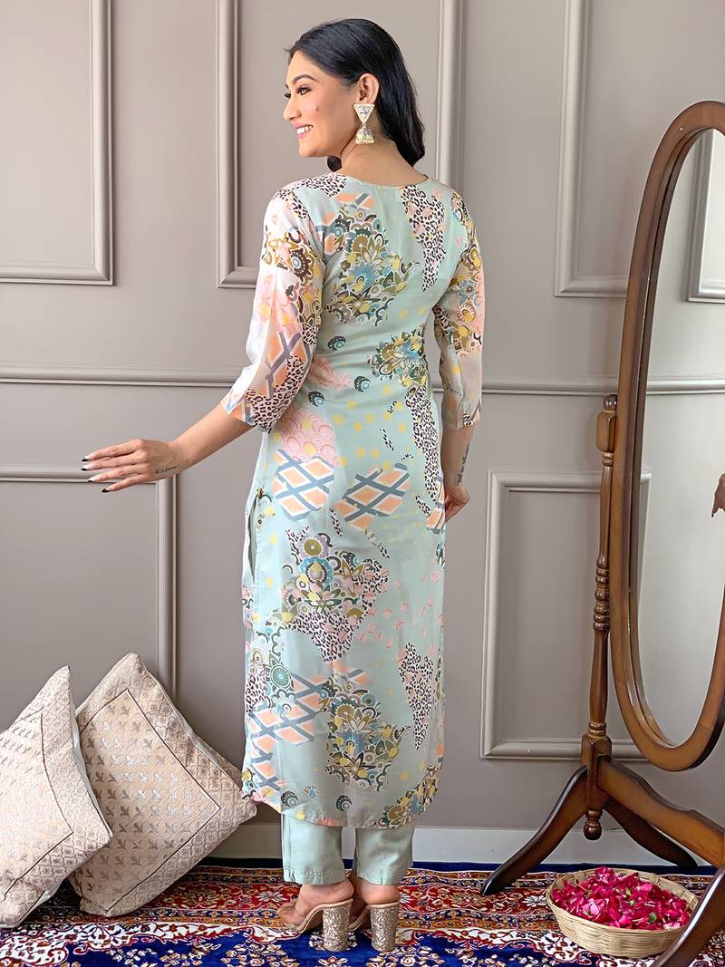 Pista Printed Organza Fabric Straight Kurta, Pant and Dupatta Set