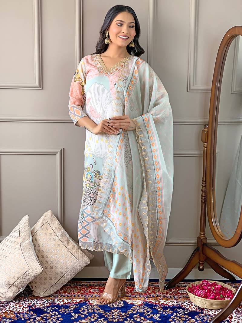 Pista Printed Organza Fabric Straight Kurta, Pant and Dupatta Set