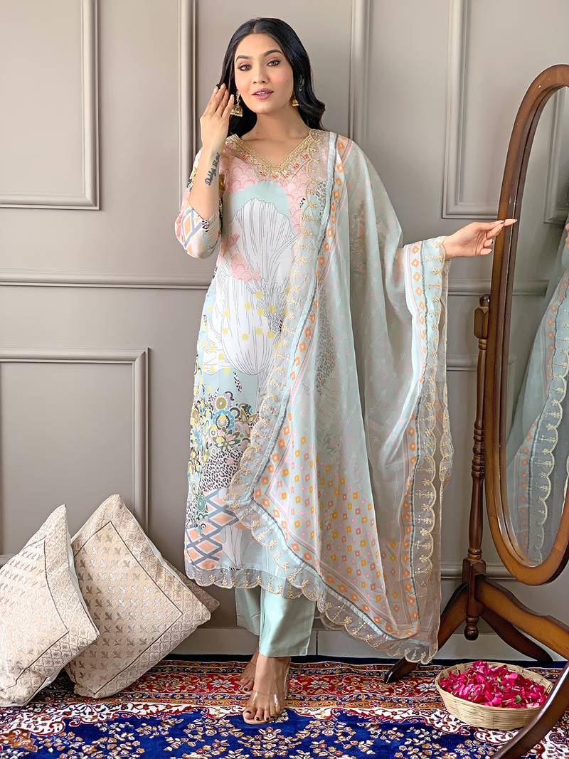 Pista Printed Organza Fabric Straight Kurta, Pant and Dupatta Set