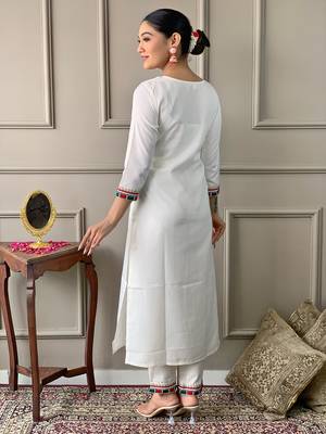 White Embroidered Viscose Straight Kurta, Pant and Dupatta Set 2
