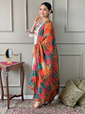 White Embroidered Viscose Straight Kurta, Pant and Dupatta Set 1