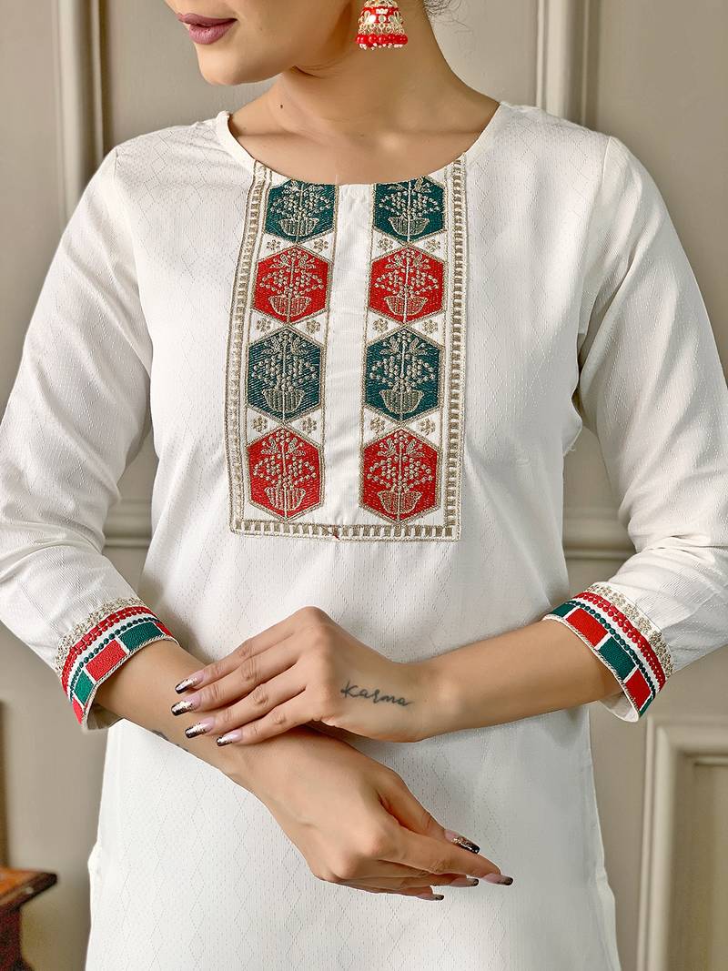 White Embroidered Viscose Fabric Straight Kurta, Pant and Dupatta Set