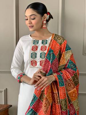 White Embroidered Viscose Straight Kurta, Pant and Dupatta Set 4
