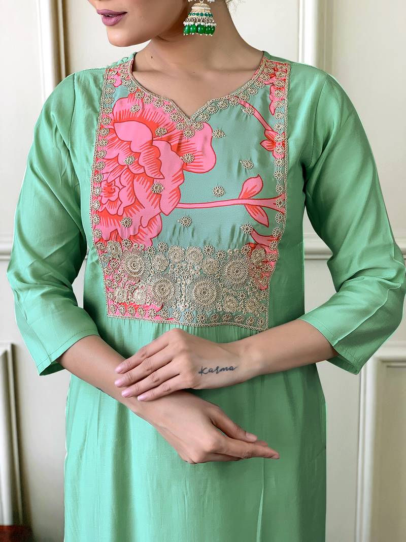 Firoji Embroidered Viscose Fabric Straight Kurta, Pant and Dupatta Set