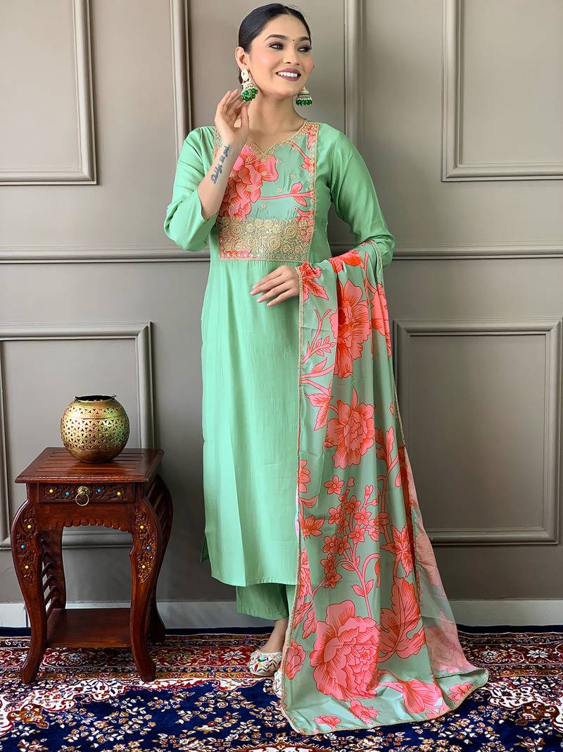 Firoji Embroidered Viscose Fabric Straight Kurta, Pant and Dupatta Set