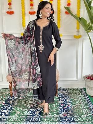 Black Embroidered Rayon Slub Fabric Straight Kurta, Pant and Dupatta Set 1
