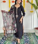 Black Embroidered Rayon Slub Fabric Straight Kurta, Pant and Dupatta Set