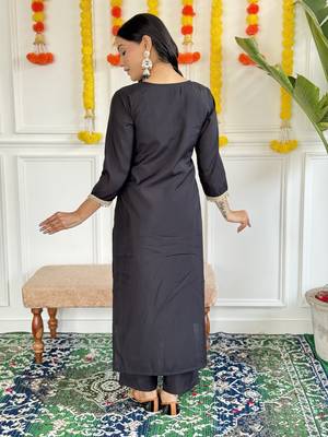 Black Embroidered Rayon Slub Fabric Straight Kurta, Pant and Dupatta Set 2