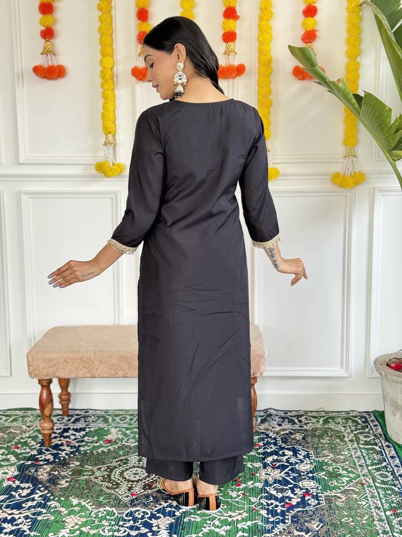 Black Embroidered Rayon Slub Fabric Straight Kurta, Pant and Dupatta Set
