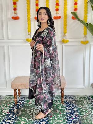 Black Embroidered Rayon Slub Fabric Straight Kurta, Pant and Dupatta Set 3