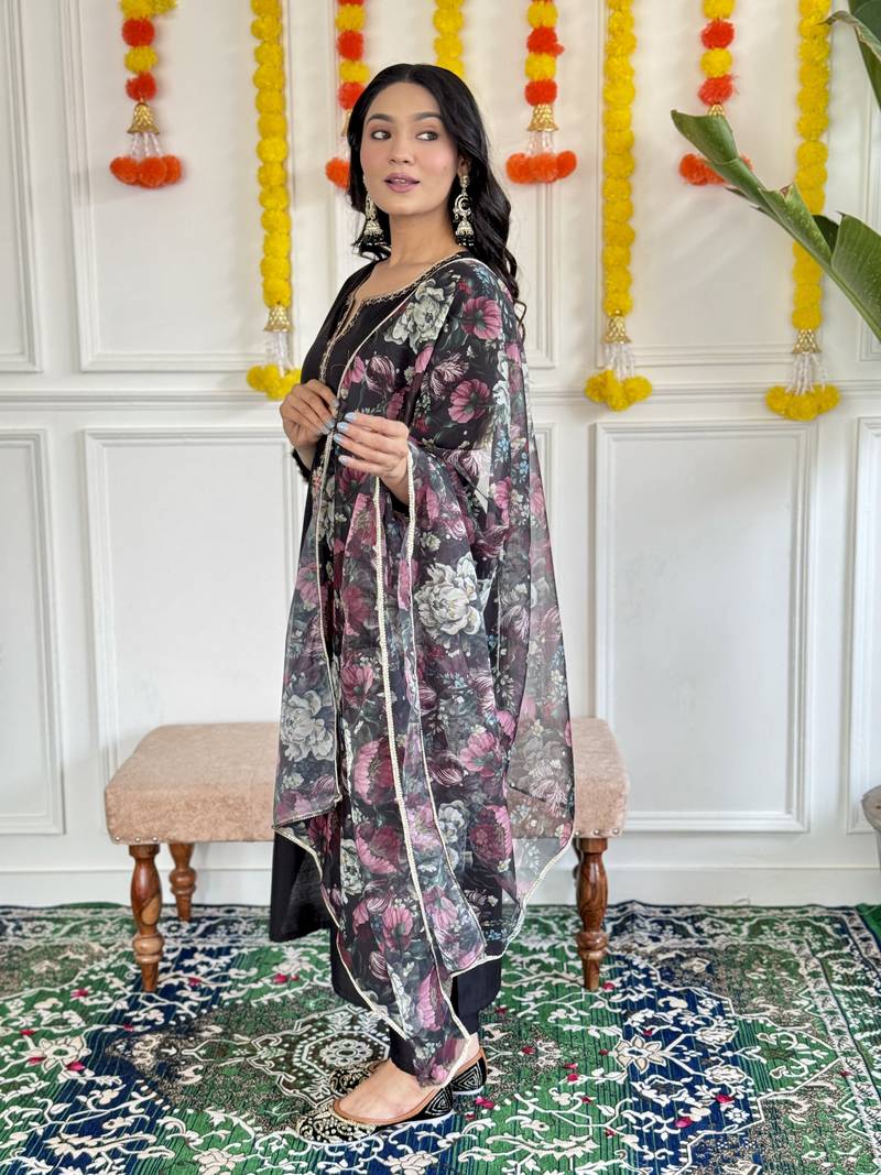 Black Embroidered Rayon Slub Fabric Straight Kurta, Pant and Dupatta Set