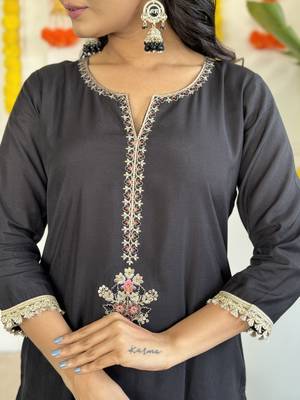 Black Embroidered Rayon Slub Fabric Straight Kurta, Pant and Dupatta Set 4
