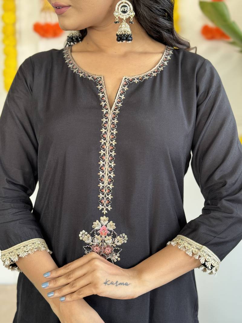 Black Embroidered Rayon Slub Fabric Straight Kurta, Pant and Dupatta Set