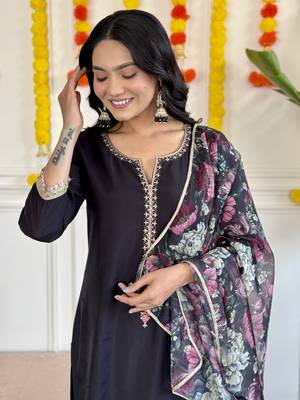 Black Embroidered Rayon Slub Fabric Straight Kurta, Pant and Dupatta Set 5
