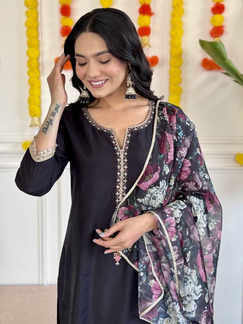 Black Embroidered Rayon Slub Fabric Straight Kurta, Pant and Dupatta Set