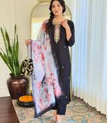Black Embroidered Viscose Chanderi Fabric Straight Kurta, Pant and Dupatta Set